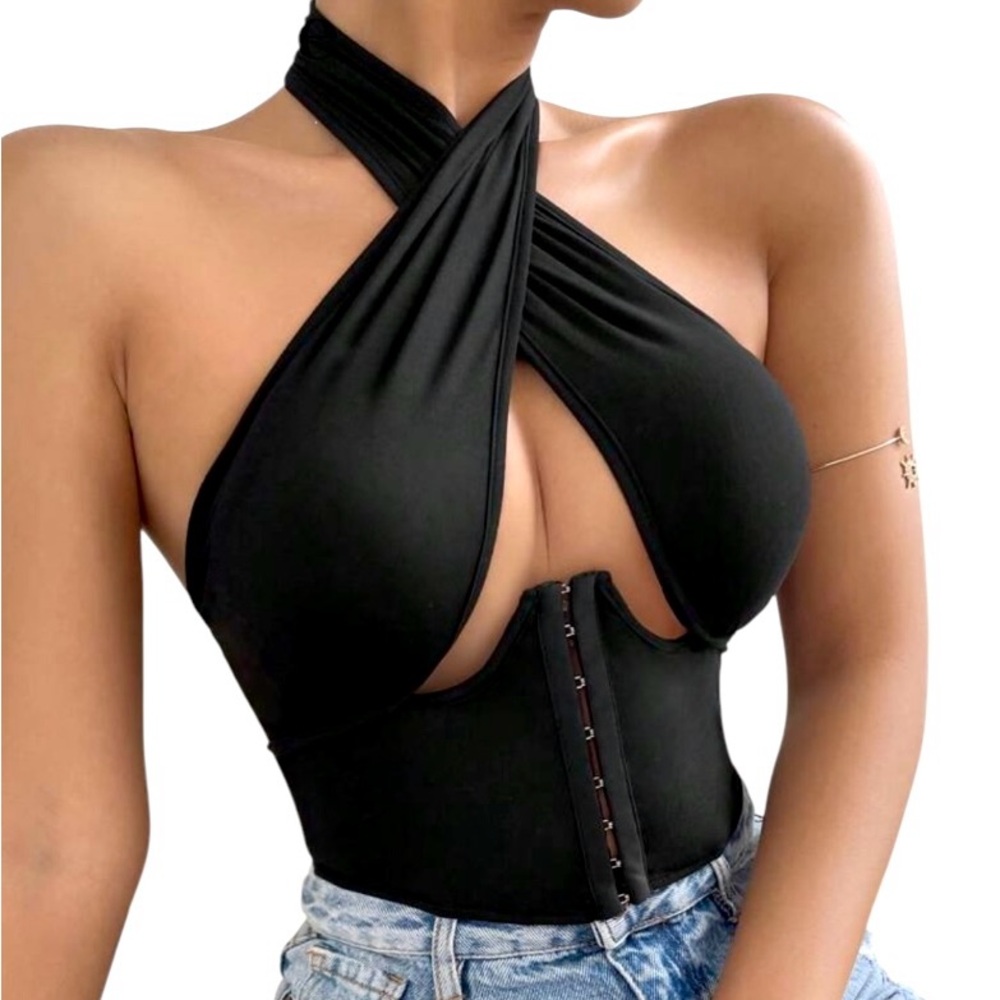 Black Halter Crop Top XS - Corset Waist, Front Cutout, No Lining, Never Worn